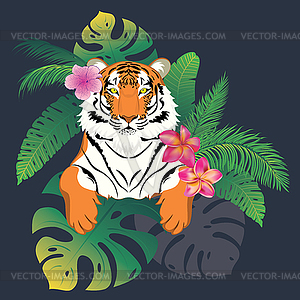 Red tiger portrait with tropical leaves - vector clipart