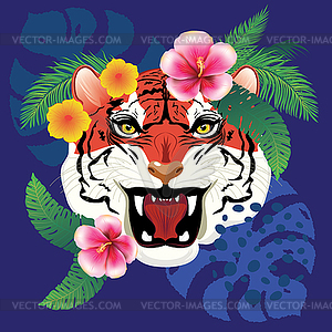 Red tiger portrait with tropical leaves - stock vector clipart