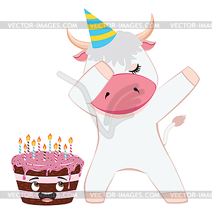 White bull with tasty cake - vector clipart