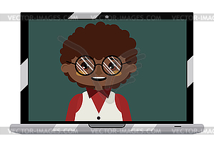 Afro american boy on laptop screen - color vector clipart
