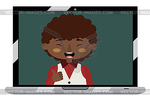 Afro american boy on laptop screen - vector clip art