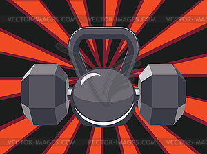 Dumbbells and kettlebell retro design - color vector clipart