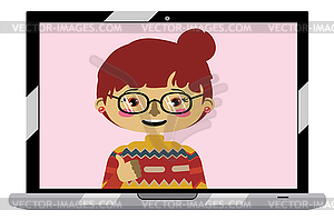 Азиатская девушка на экране ноутбука - графика в векторном формате