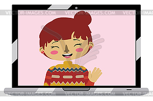 Asian girl on laptop screen - stock vector clipart