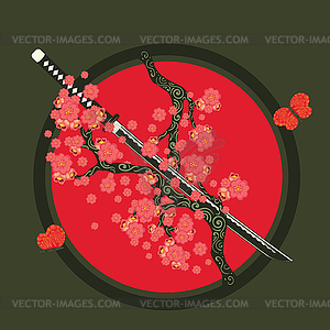 Japanese sword katana with sakura - vector clip art