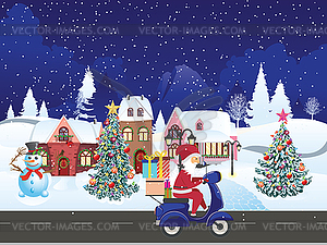 Santa ride scooter on town - vector image