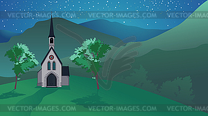 Catholic church in night mountains - vector image