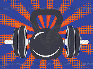 Dumbbells and kettlebell retro design - vector clip art