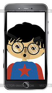 Asian boy chatting online - vector clip art