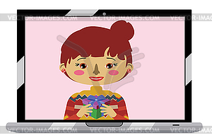 Азиатская девушка на экране ноутбука - векторное изображение клипарта