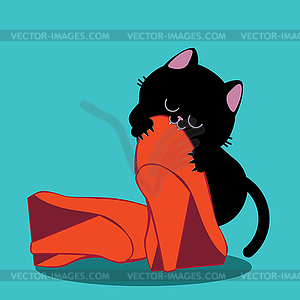 Черный котенок кусает обувь - векторный графический клипарт