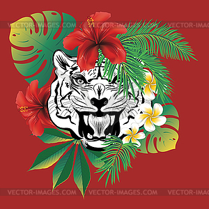 White tiger portrait with tropical leaves - vector clipart