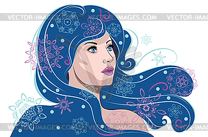 Girl with snowflakes in blue hair - vector clip art