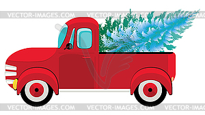 Red pickup with evergreen tree - vector image