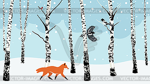 Winter birch trees and animals - vector image