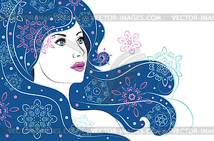 Girl with snowflakes in blue hair - vector image