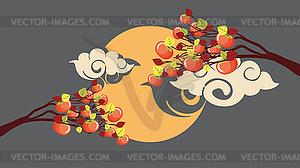 Persimmon fruits on branch and moon - vector clip art