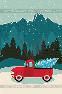 Red pickup with evergreen tree and forest - vector image