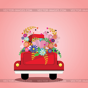 Red pickup with flowers and hearts card - vector image