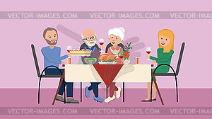 Thanksgiving dinner table and people - vector clipart