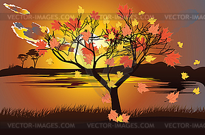 Autumn maple tree and sunset sky - vector EPS clipart