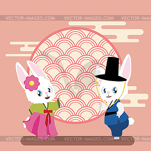 Cartoon couple of bunnies in hanbok - vector clip art