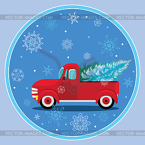 Red pickup with fir tree and snowflakes - vector clipart