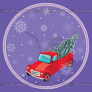 Red pickup with fir tree and snowflakes - vector image