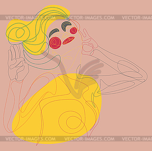 Woman smiles closed eyes line art - vector image