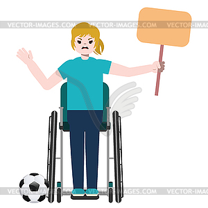 Blond girl soccer fan on wheelchair - vector clipart / vector image