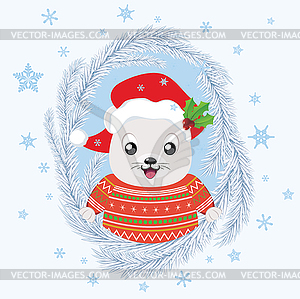 Santa white bear in winter clothing - vector image