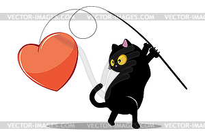 Black cat and fishing rod with heart - vector clip art