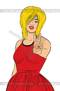 Girl in red with victory hand sign pop art - vector clipart