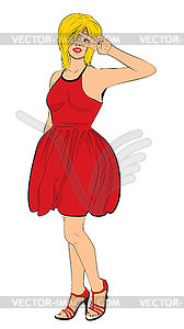 Girl in red with victory hand sign pop art - vector image