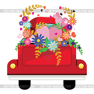 Red pickup with flowers and hearts - vector image