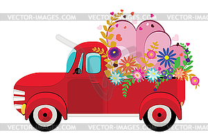 Red pickup with flowers and hearts - vector clip art