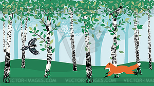 Summer birch trees and animals - vector clipart