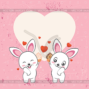 White bunny couple with heart card - color vector clipart