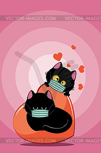Пара черных кошек в маске и красном сердце - клипарт в векторе / векторное изображение