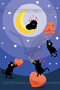 Чёрный кот на луне и поклонники - графика в векторном формате