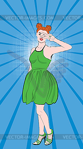 Ginger girl with victory hand sign pop art - vector image