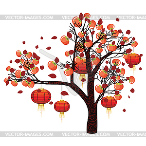 Persimmon tree with lanterns - vector clipart