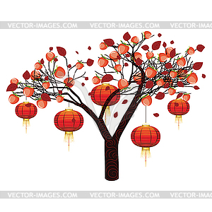 Persimmon tree with lanterns - color vector clipart