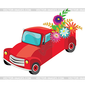 Red pickup with flowers - vector image