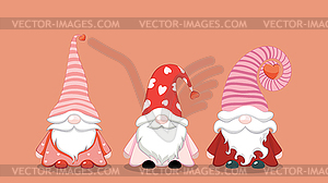 Three Valentine gnomes with hearts - vector image