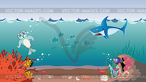 Underwater coral reef and cave - vector clip art