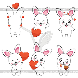 White bunny with heart set - vector clip art