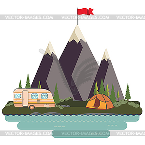 Mountains with red flag and camping tent - stock vector clipart