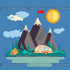 Mountains with red flag and camping tent - vector clip art