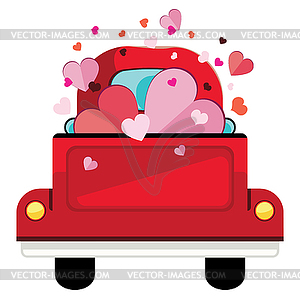 Red pickup with hearts - vector clipart